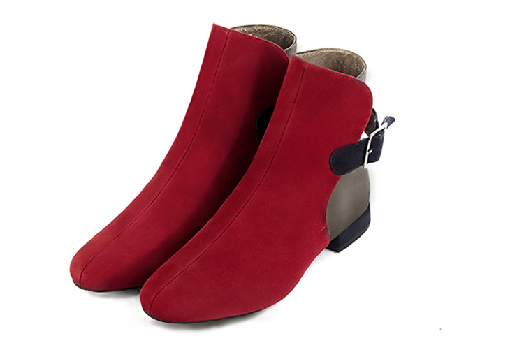 Cardinal red, taupe brown and navy blue women's ankle boots with buckles at the back. Round toe. Flat block heels. Front view - Florence KOOIJMAN